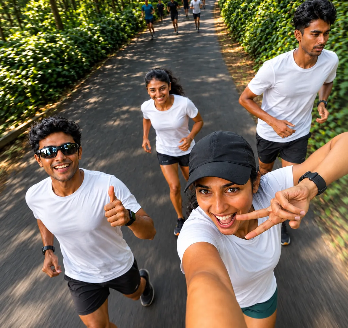 Runners on a shaded forest road